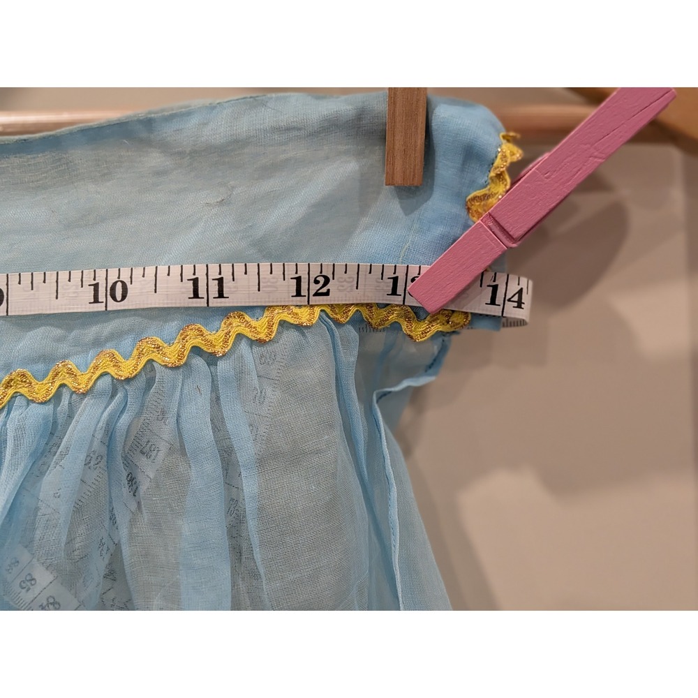 Vintage Handmade Blue Organza Half Apron Yellow Ric Rac Trim Sheer Retro